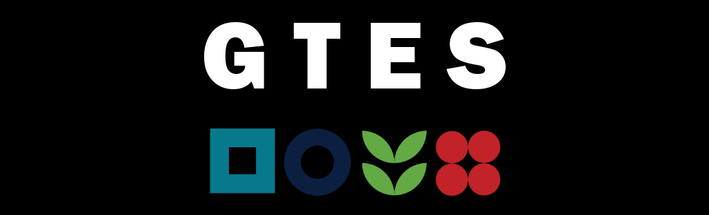 GTES text above four colorful geometric icons on a black background
